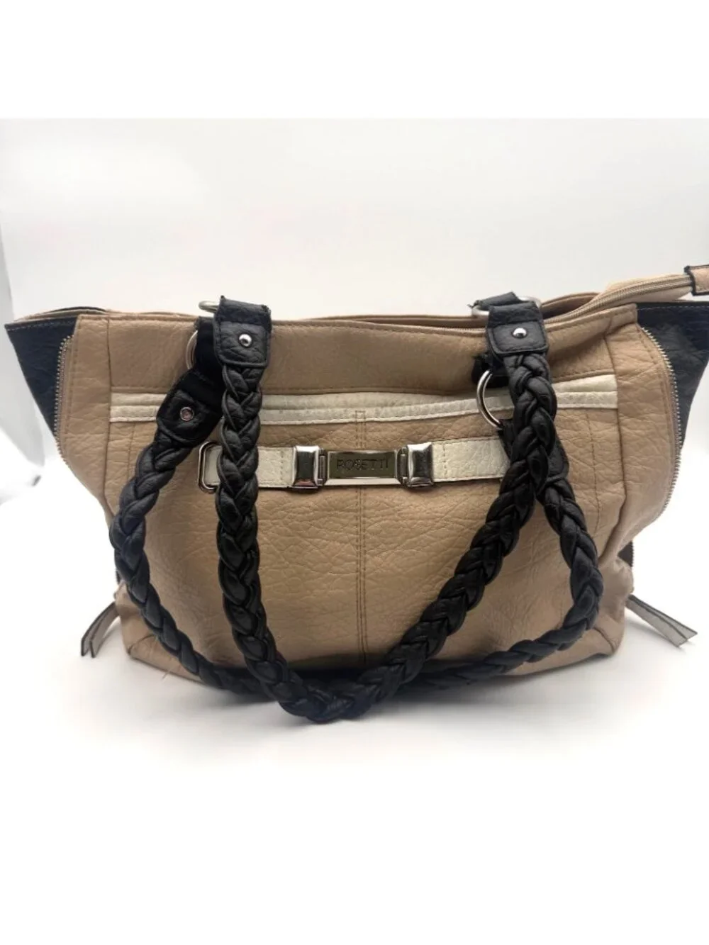 Rosetti Beige Black Braided Handle Satchel Shoulder Bag Faux Leather Purse